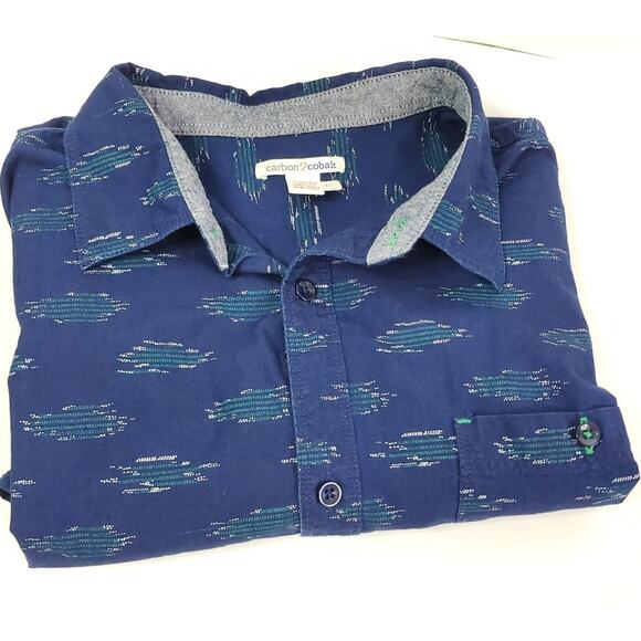 Carbon 2 Cobalt Men's Short Sleeve Button Up Shirt Blue Aztec Patterned Size L - Picture 8 of 10